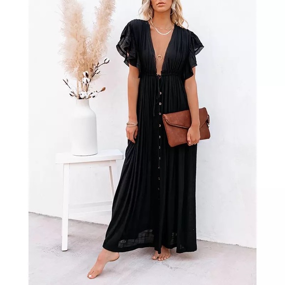SOLD OUT Black Gauze Boho Raw Hem Button Maxi Dress - Picture 2 of 8